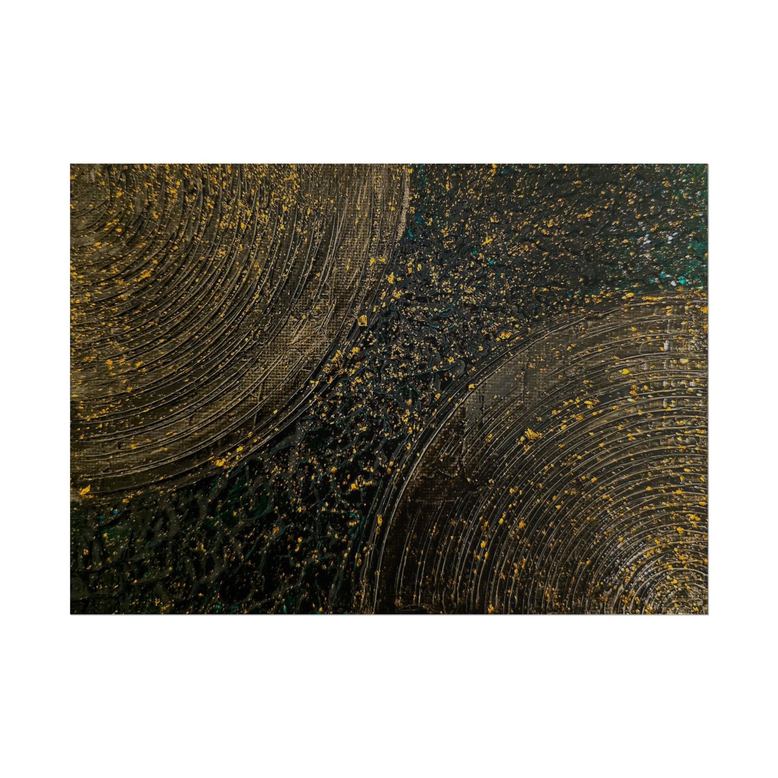 Energetic abstract landscape with black, gold and dark green poster. Front view of the poster centered on a clean background.