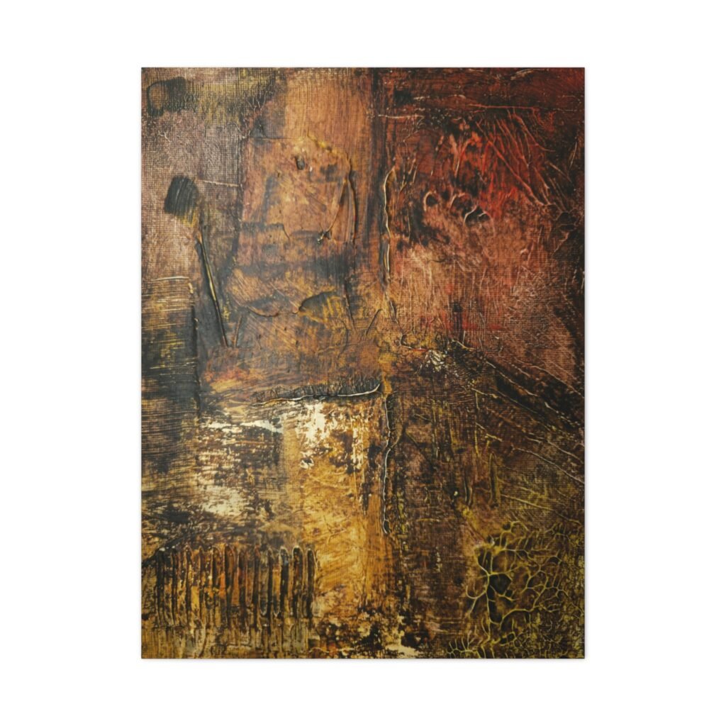 Abstract Painting - Titled Amsterdam, a visually textured background with earthy tones like brown, bronze, yellow and red. Portrait Orientation.