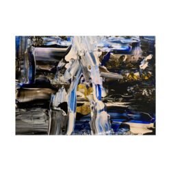 Fluid and dark abstract landscape with black, white, gold and blue poster. Front view of the poster in a minimalist white magnetic frame, centered on a clean background.