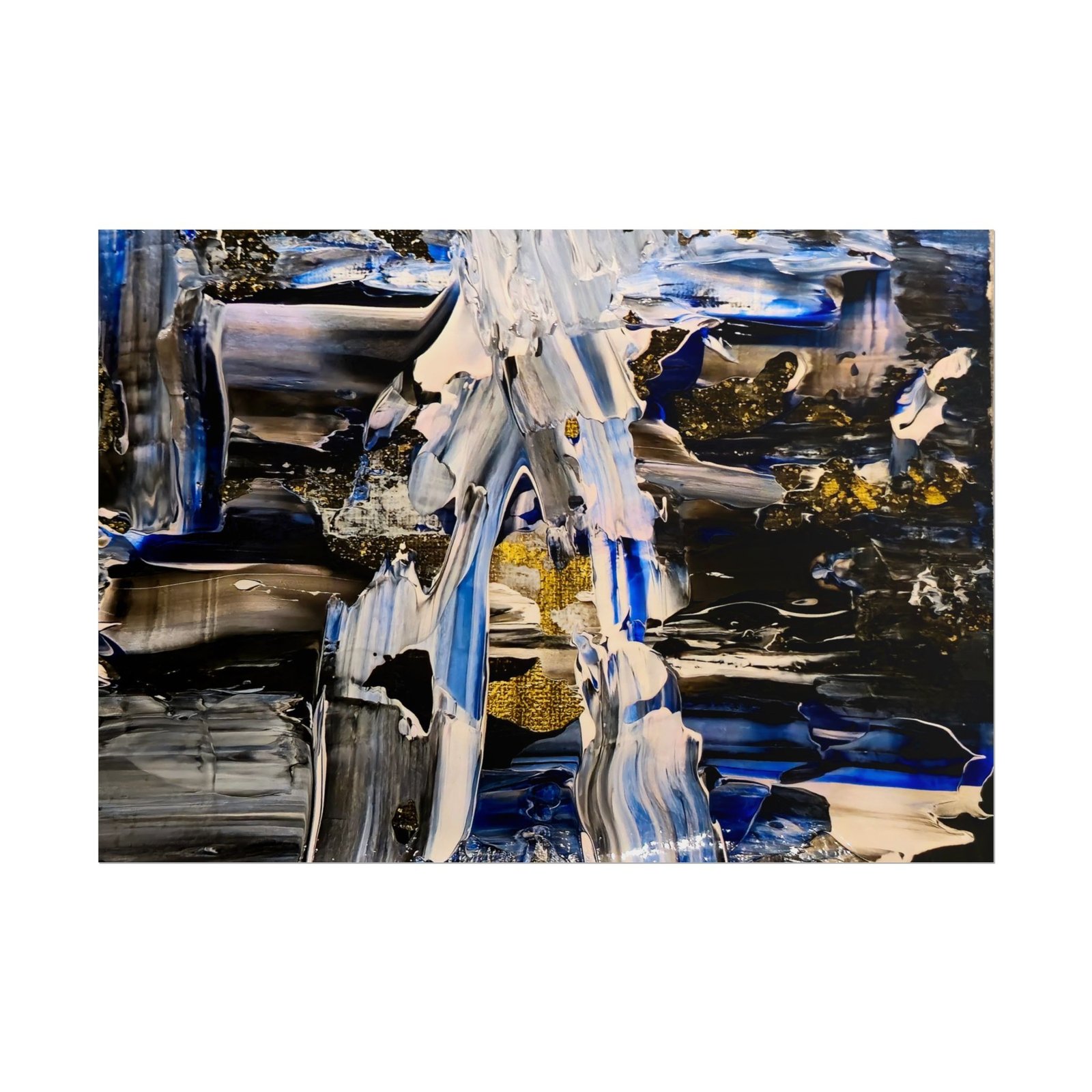 Fluid and dark abstract landscape with black, white, gold and blue poster. Front view of the poster in a minimalist white magnetic frame, centered on a clean background.