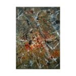 Textured and vibrant abstract portrait in white, grey, orange and black poster. Front view of the poster centered on a clean background.