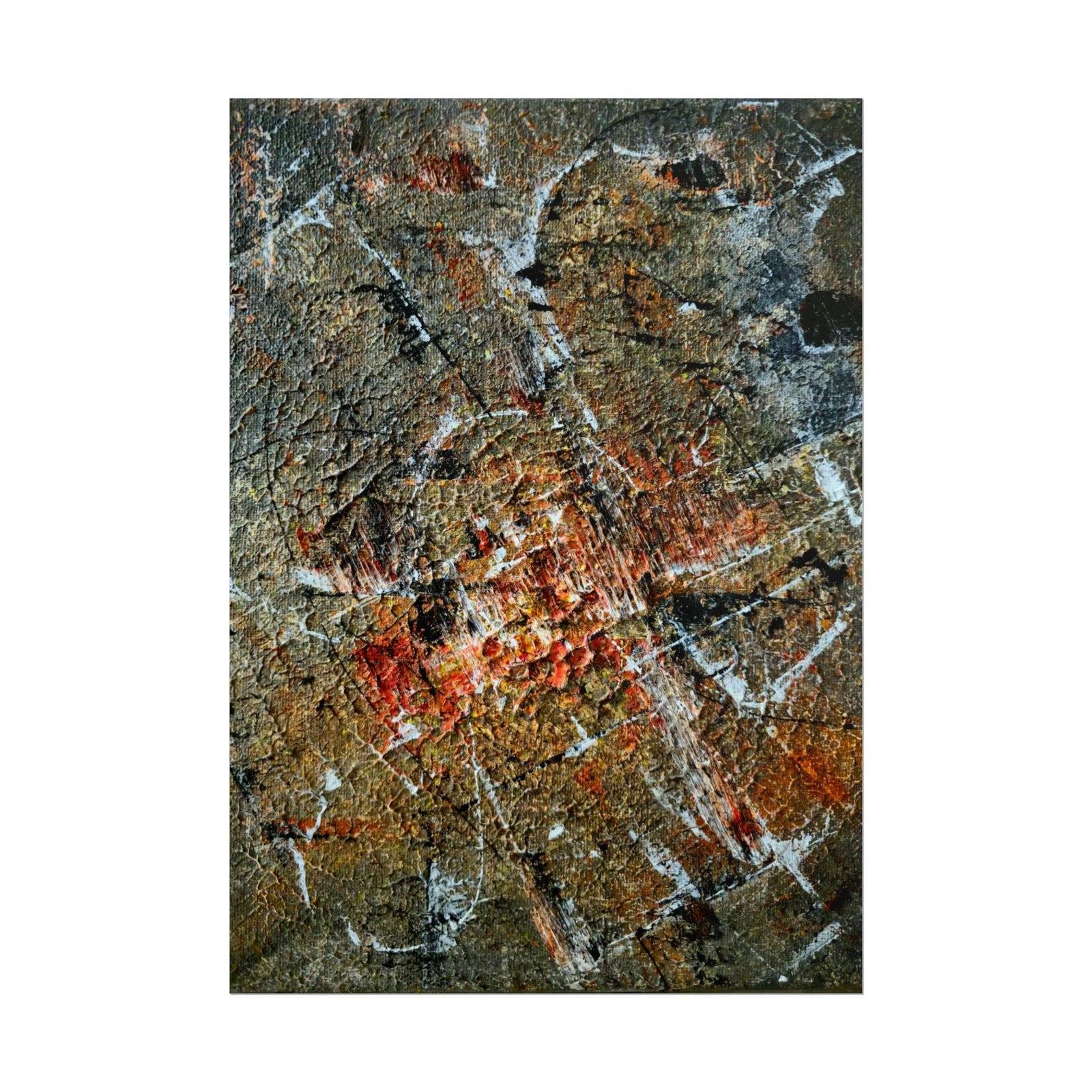 Textured and vibrant abstract portrait in white, grey, orange and black poster. Front view of the poster centered on a clean background.