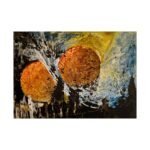 Abstract Painting - Titled Antwerp, the main colors used are Orange, Yellow. Blue, White and Black. Landscape Orientation.