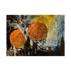 Abstract Painting - Titled Antwerp, the main colors used are Orange, Yellow. Blue, White and Black. Landscape Orientation.