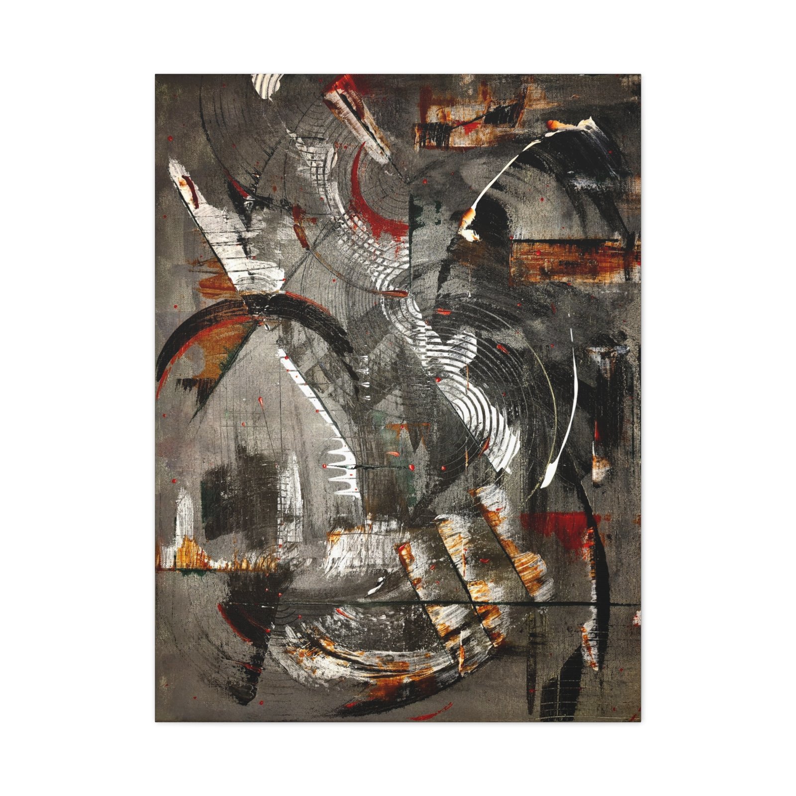 Abstract Painting - Titled Paris, the main colors used are grey, white, black and red. Portrait Orientation.