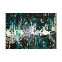 Abstract Painting - Titled Madrid, the main colors used are Green, Aqua and white, with some red accents. Landscape Orientation.