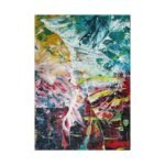 Abstract Painting - Titled Haarlem, the colors used are yellow, aqua, fucsia, red, green, black and white. Portrait Orientation.