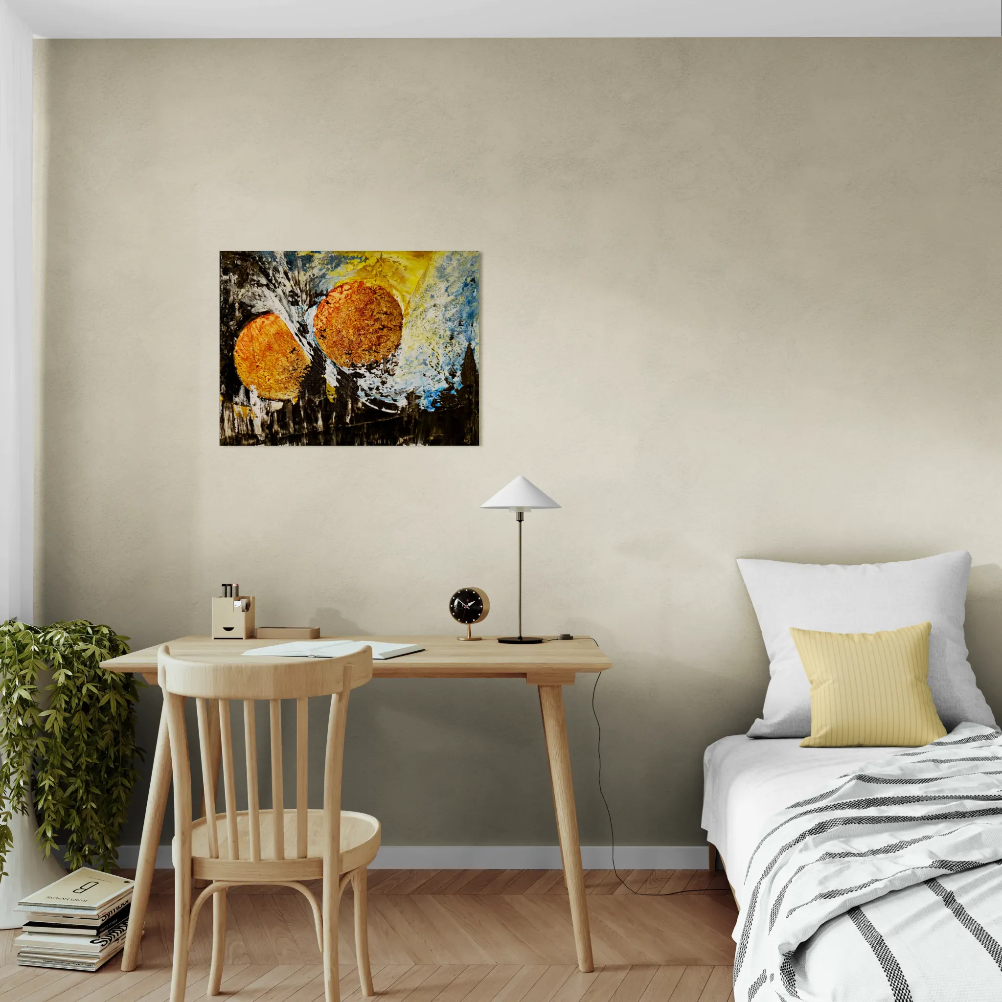 Bold and dark abstract landscape with orange, gold, blue and blackposter format displayed in a bedroom with wooden study desk