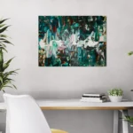 Bold, fluid, textured abstract landscape in green, white and brownposter format displayed in a white desk with decorative plants