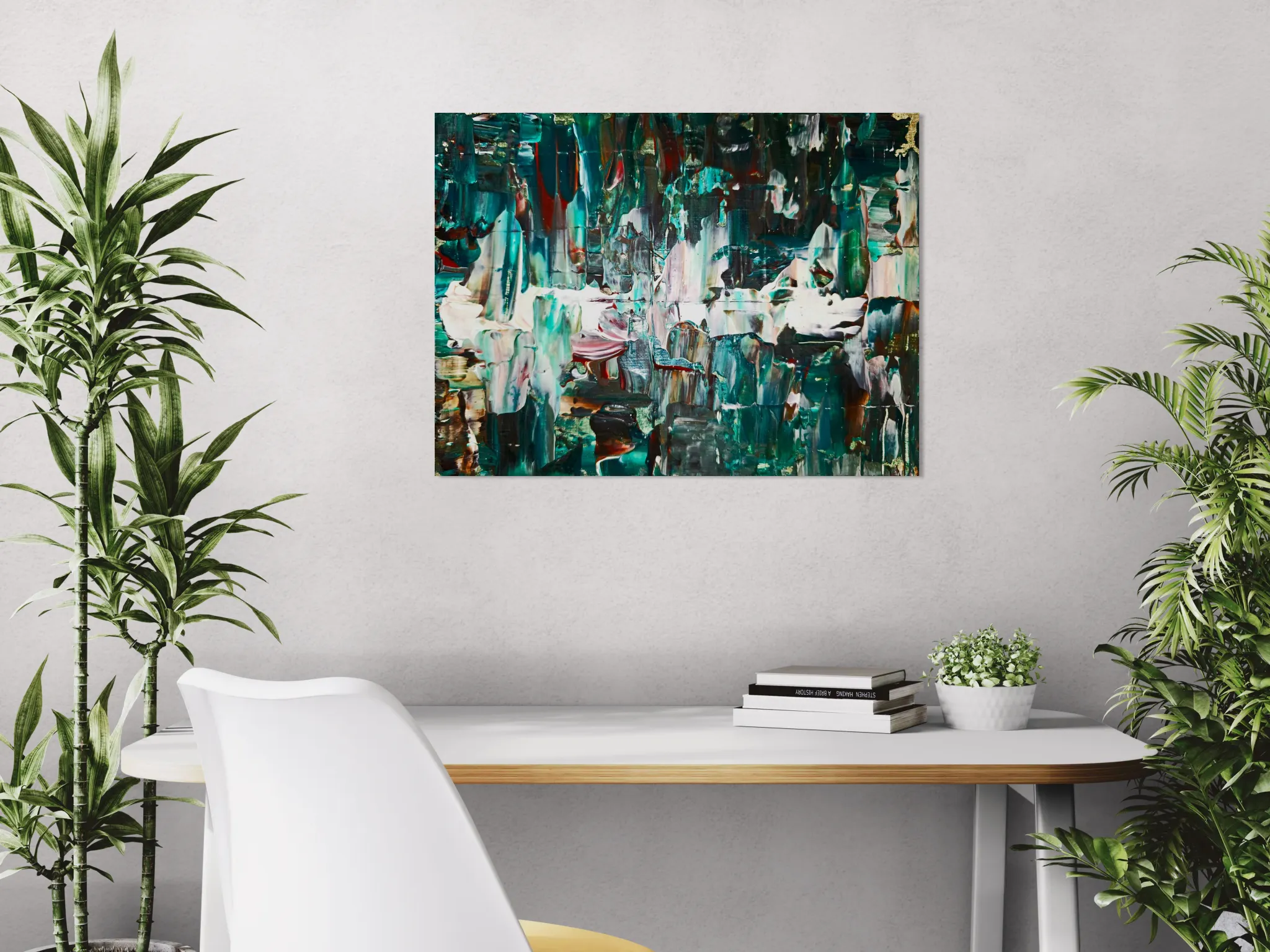 Bold, fluid, textured abstract landscape in green, white and brownposter format displayed in a white desk with decorative plants