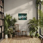 Bold, fluid, textured abstract landscape in green, white and brownposter format displayed in a living room with wooden floor and many plants
