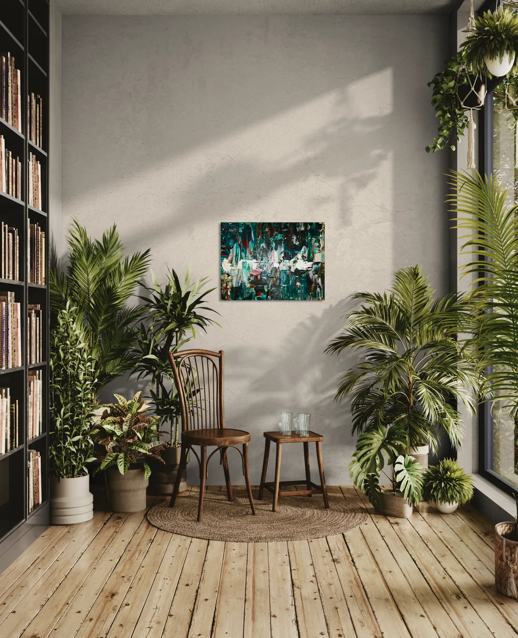 Bold, fluid, textured abstract landscape in green, white and brownposter format displayed in a living room with wooden floor and many plants