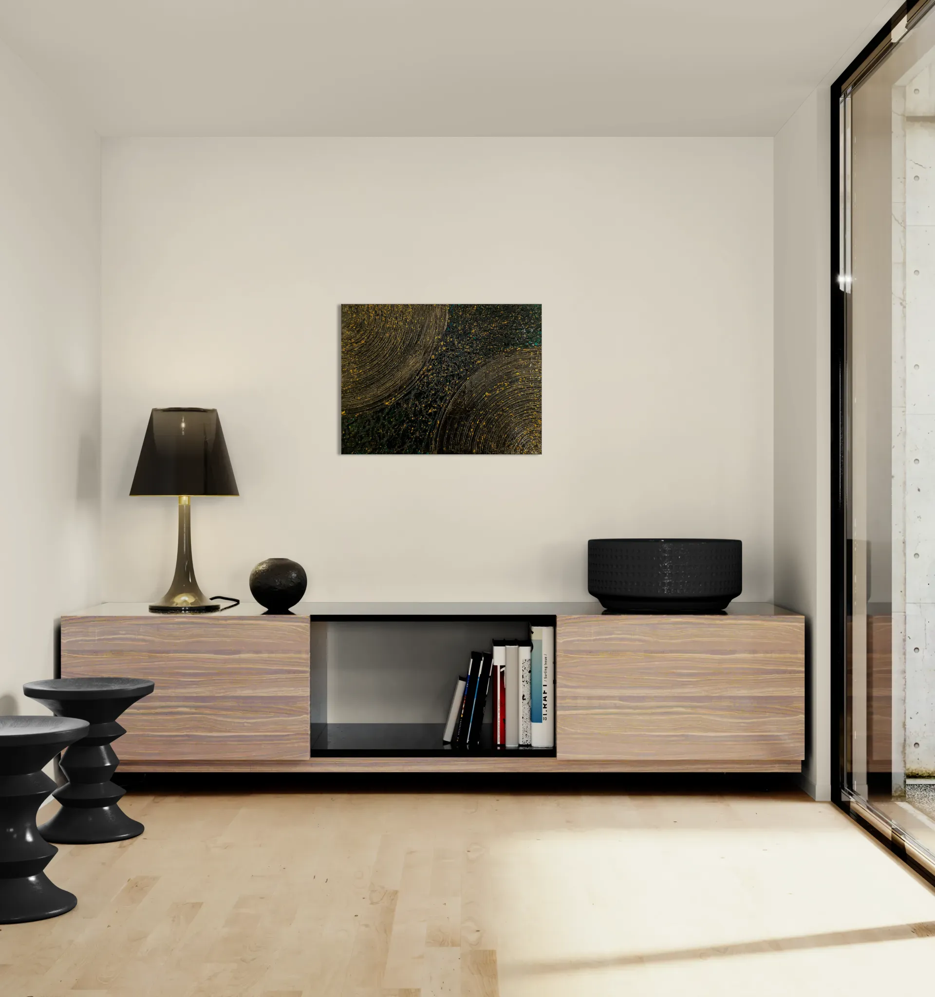 Energetic abstract landscape with black, gold and dark greenposter format displayed in a modern living room, wooden tv furniture