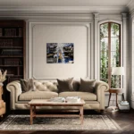 Fluid and dark abstract landscape with black, white, gold and blueposter format displayed in a classical living room - creme tones