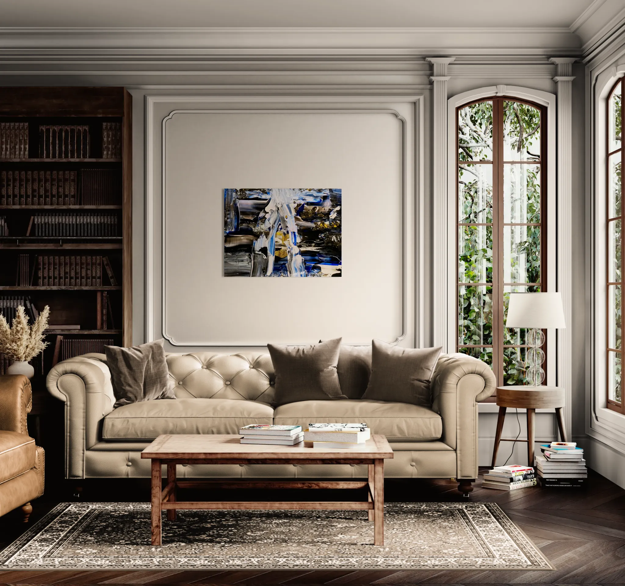 Fluid and dark abstract landscape with black, white, gold and blueposter format displayed in a classical living room - creme tones