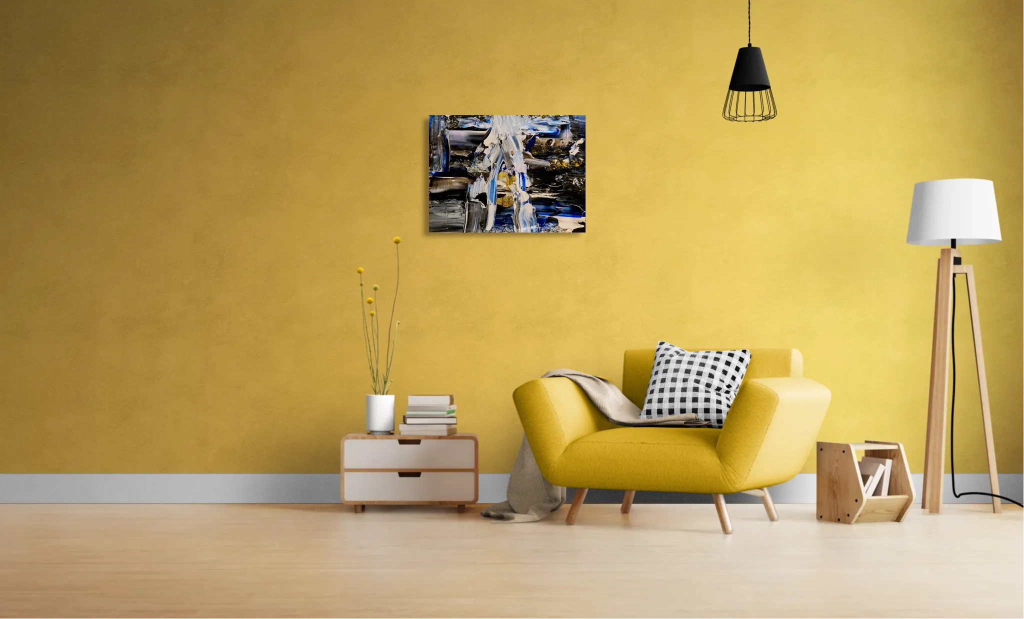 Fluid and dark abstract landscape with black, white, gold and blueposter format displayed in a living room, yellow wall