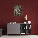 Geometrical, bold and dark abstract portrait in black, grey, white, brown, redposter format displayed in a living space with bordeaux wall and grey furniture