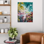 Joyful and colorful abstract portrait with yellow, aqua, red, blue, green, pinkposter format displayed in a reading nook, light grey wall