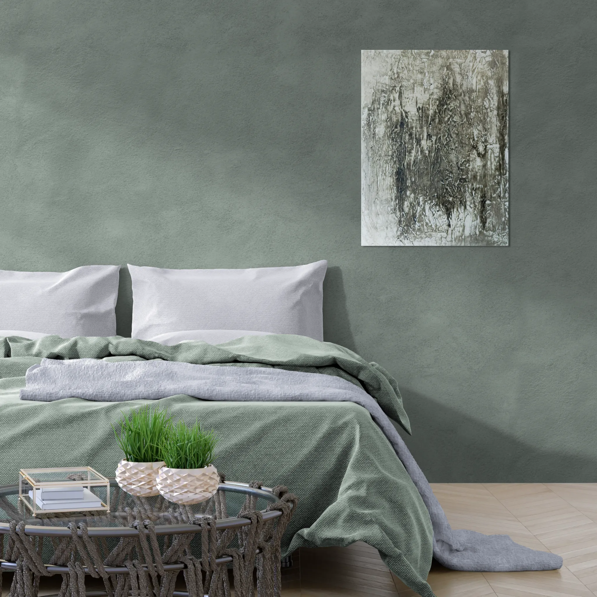 Monochromatic bold abstract portrait in greyscaleposter format displayed in a bedroom with double bed and fancy table