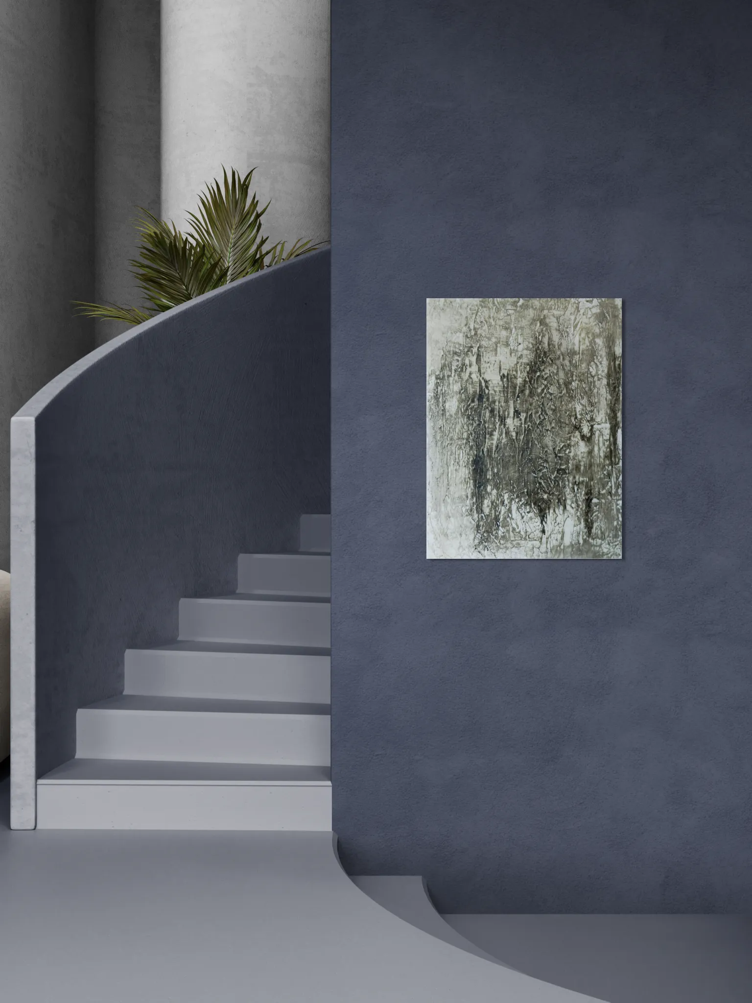 Monochromatic bold abstract portrait in greyscaleposter format displayed in a modern dark blue wall and staircase