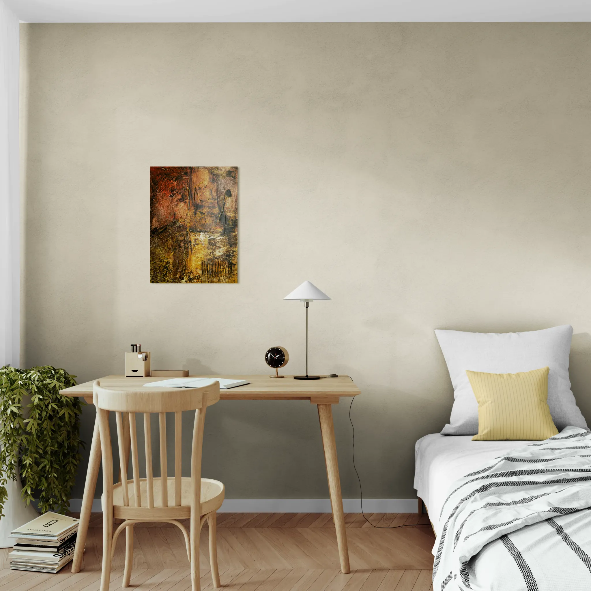 Warm earthy abstract portrait in red, brown and yellowposter format displayed in a bedroom with wooden study desk