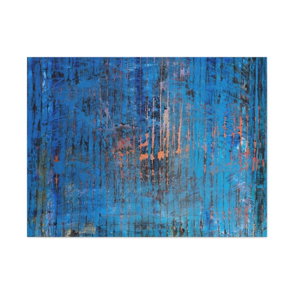 Layered and glowing abstract landscape in orange and blue canvas. Front view of the painting shown against a clean, neutral background to highlight color and detail