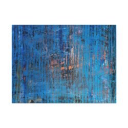 Layered and glowing abstract landscape in orange and blue canvas. Front view of the painting shown against a clean, neutral background to highlight color and detail