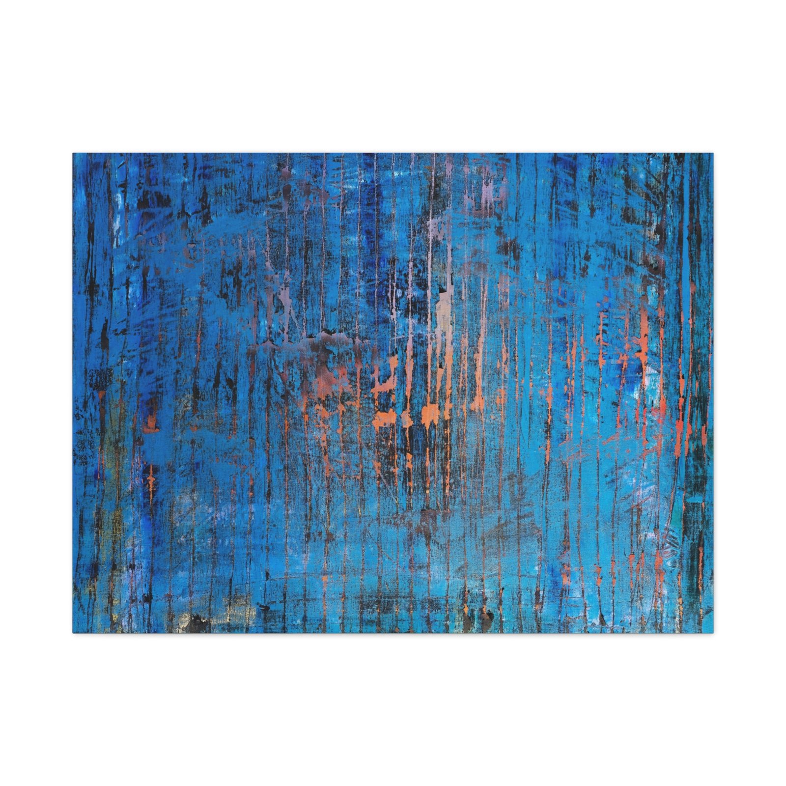 Layered and glowing abstract landscape in orange and blue canvas. Front view of the painting shown against a clean, neutral background to highlight color and detail