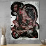 Dark and conceptual abstract portrait in white, black and redposter format displayed in a cabinet with ceramic vases and grey textured wall