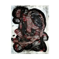 Dark and conceptual abstract portrait in white, black and red canvas. Front view of the painting shown against a clean, neutral background to highlight color and detail