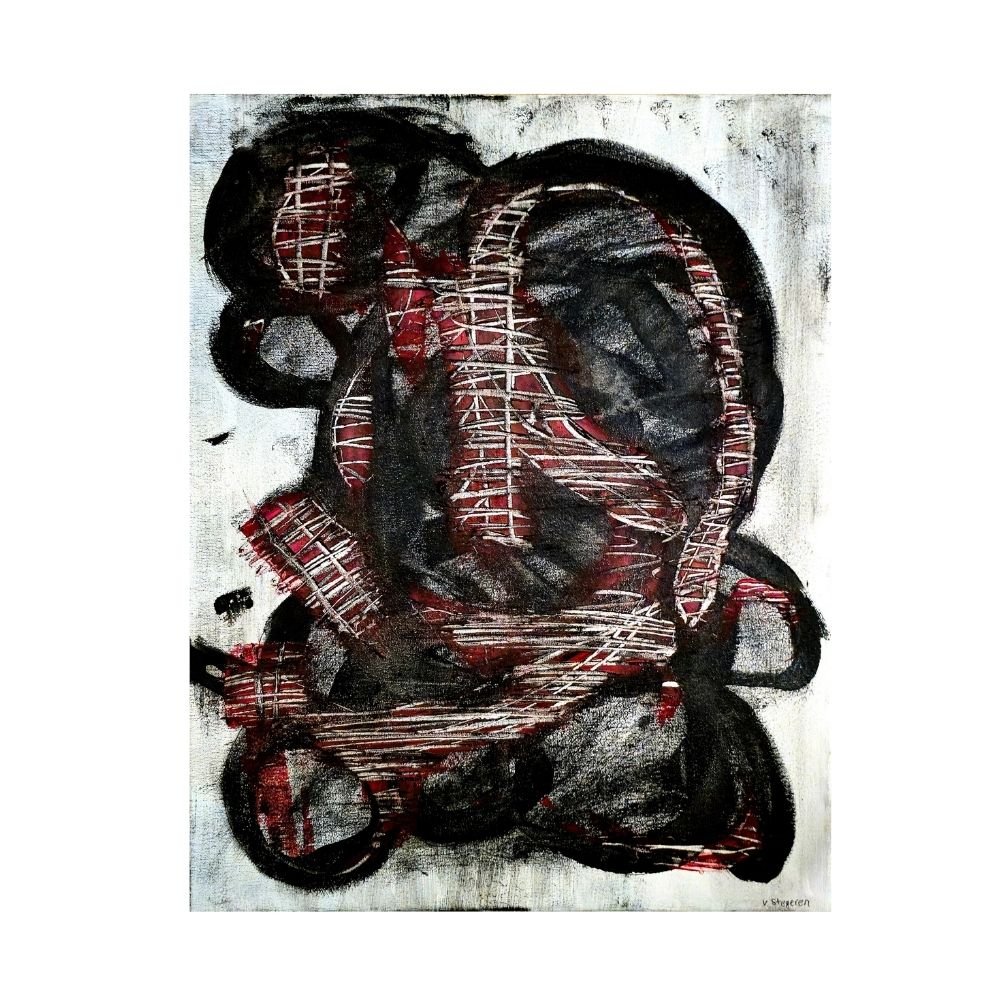 Dark and conceptual abstract portrait in white, black and red canvas. Front view of the painting shown against a clean, neutral background to highlight color and detail