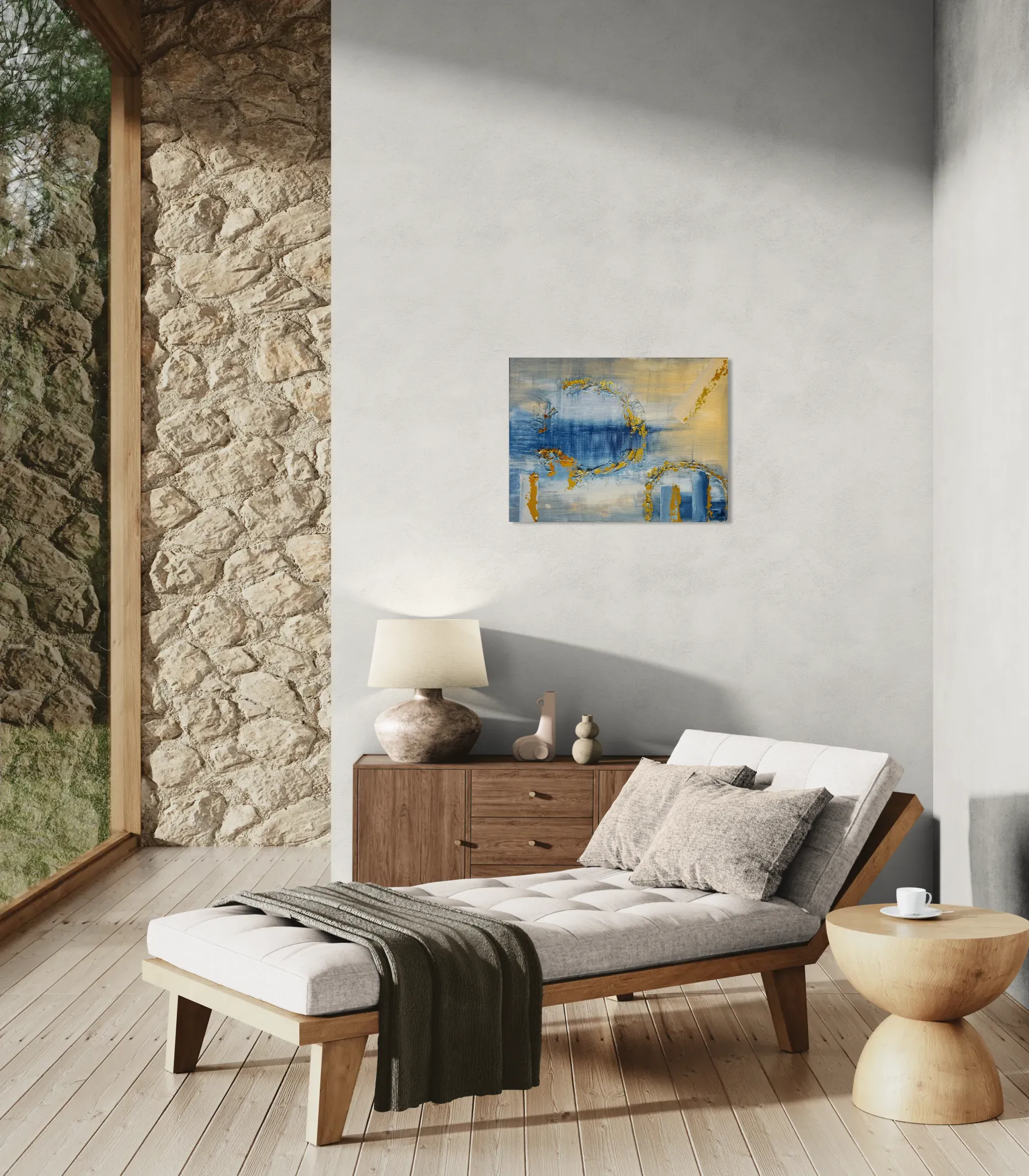 Dreamy glowing abstract landscape in blue and goldposter format displayed in a living space with glass walls, reclined couch, accent rock wall