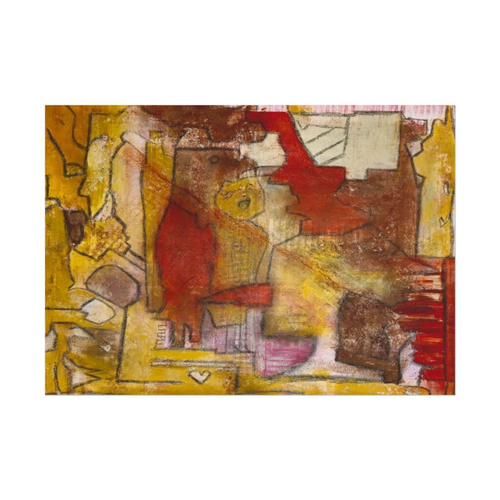 Warm conceptual abstract landscape with mustard yellow, red and brown poster. Front view of the poster centered on a clean background.