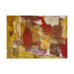 Warm conceptual abstract landscape with mustard yellow, red and brown poster. Front view of the poster centered on a clean background.