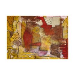Warm conceptual abstract landscape with mustard yellow, red and brown poster. Front view of the poster centered on a clean background.