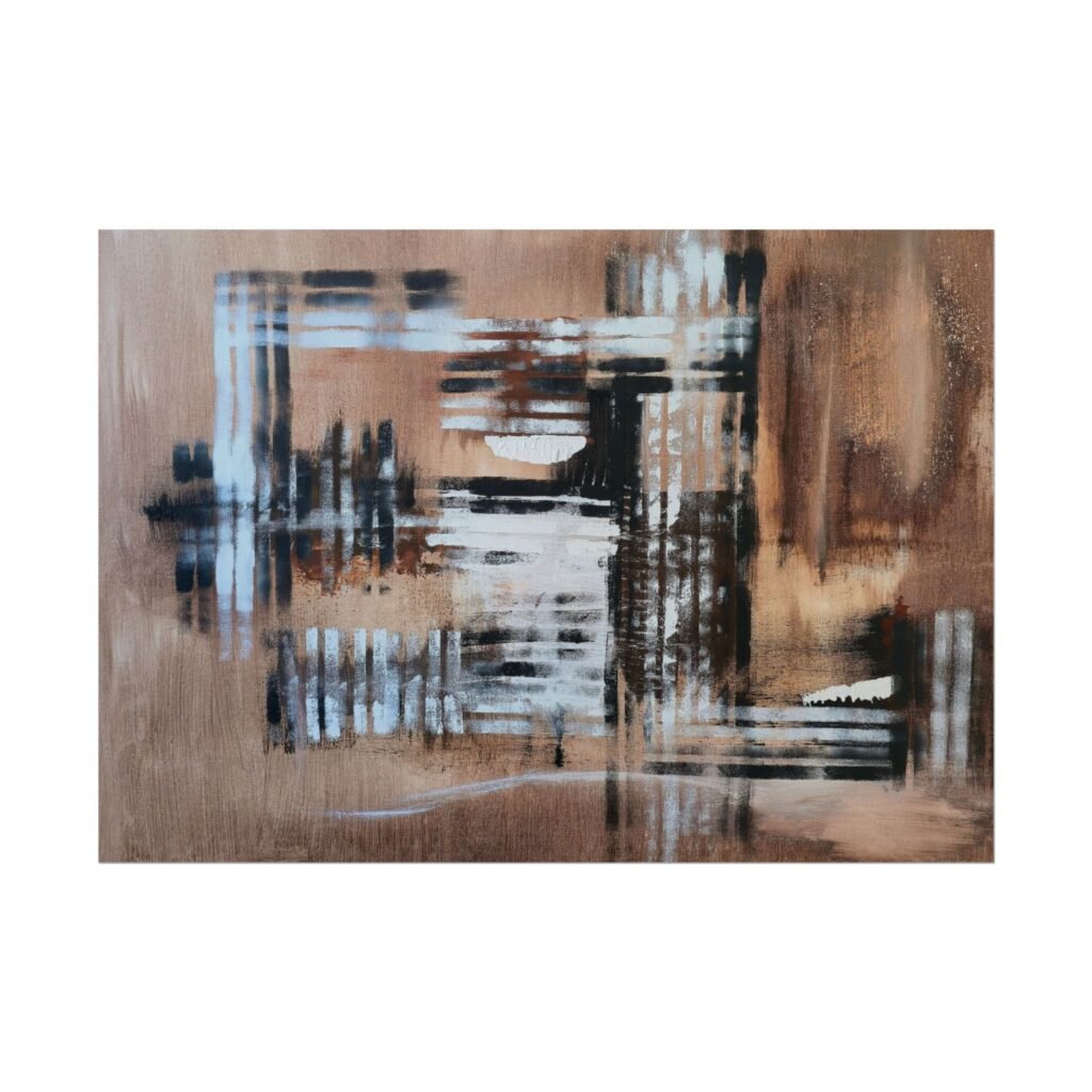 Abstract Painting - Titled Tokyo, the main colors used are brown tones, black and white. Landscape Orientation.
