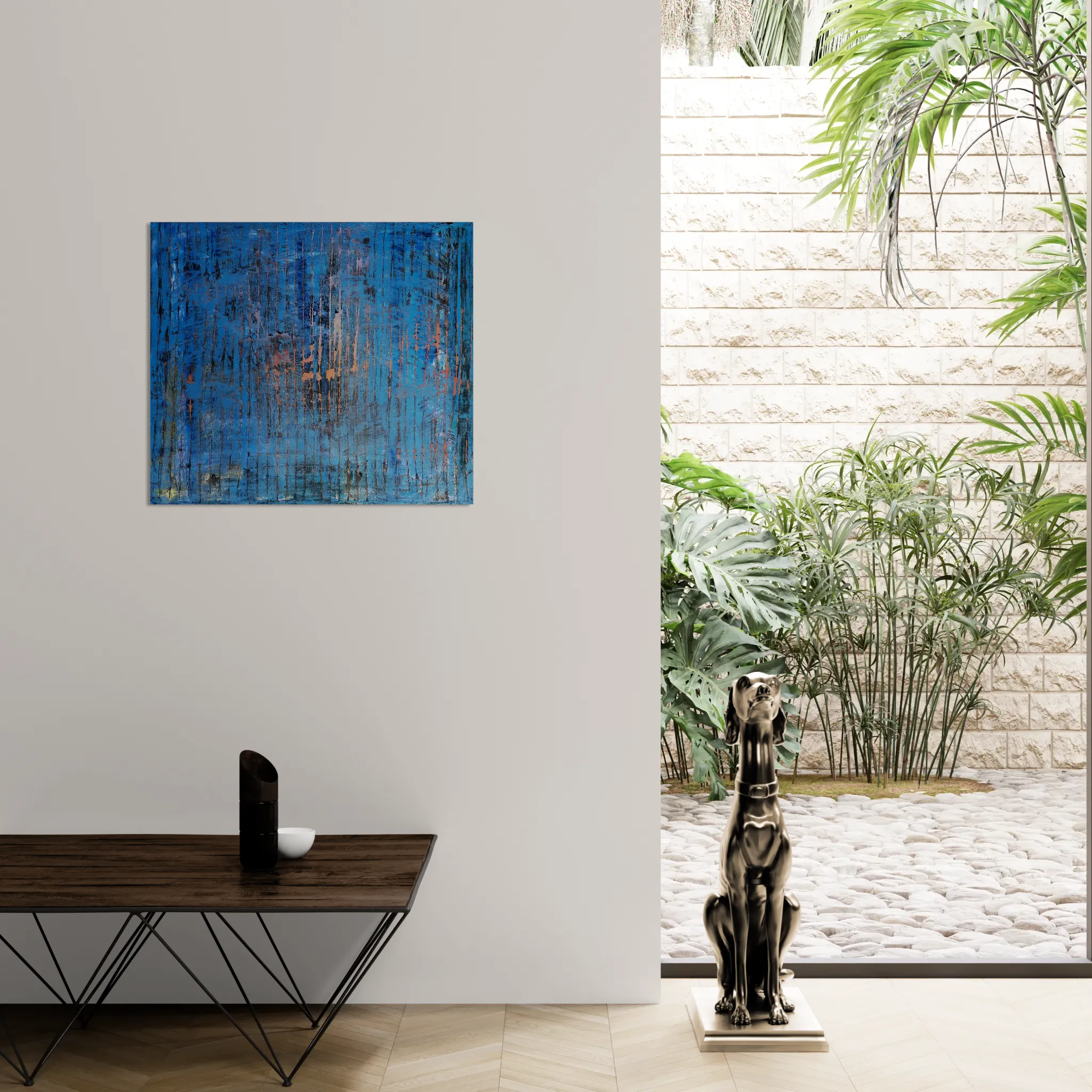 Layered and glowing abstract landscape in orange and blueoriginal format displayed in a modern interior space with glass wall and salon table