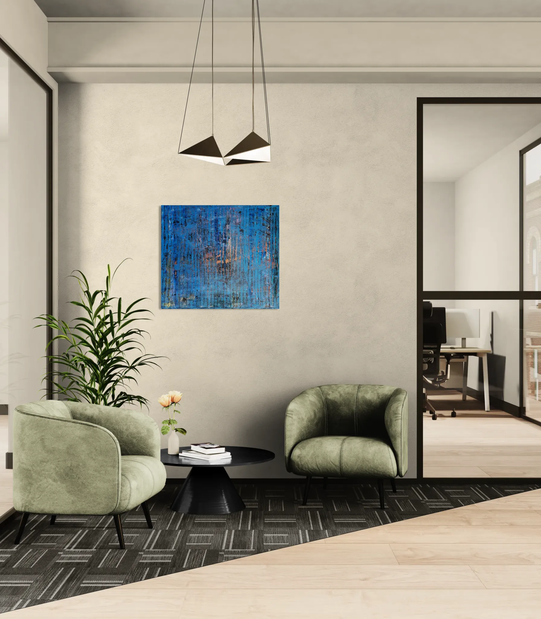 Layered and glowing abstract landscape in orange and blueoriginal format displayed in a modern living corner with green lounge chairs and window