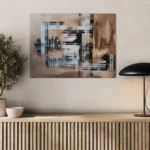 Warm and minimalistic abstract landscape in brown, white and blackposter format displayed in a light brown furniture with bonsai tree and light fixture