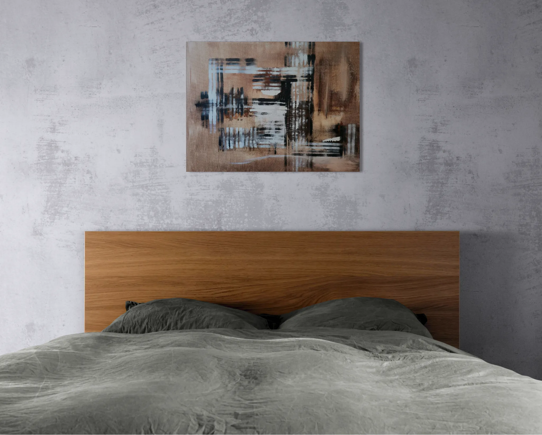 Warm and minimalistic abstract landscape in brown, white and blackposter format displayed in a bedroom, grey wall