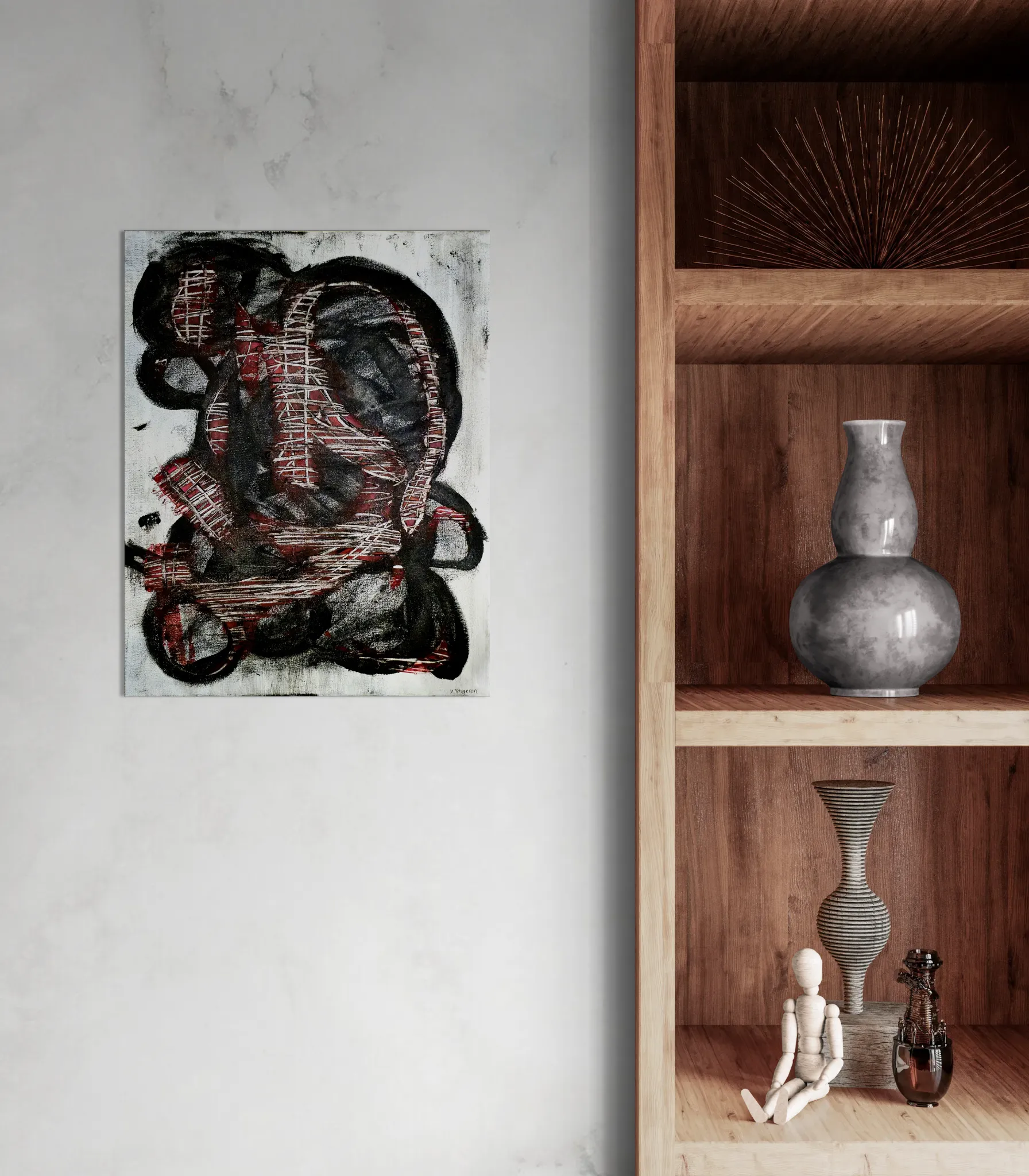 Dark and conceptual abstract portrait in white, black and redoriginal format displayed in a shelf with ornaments