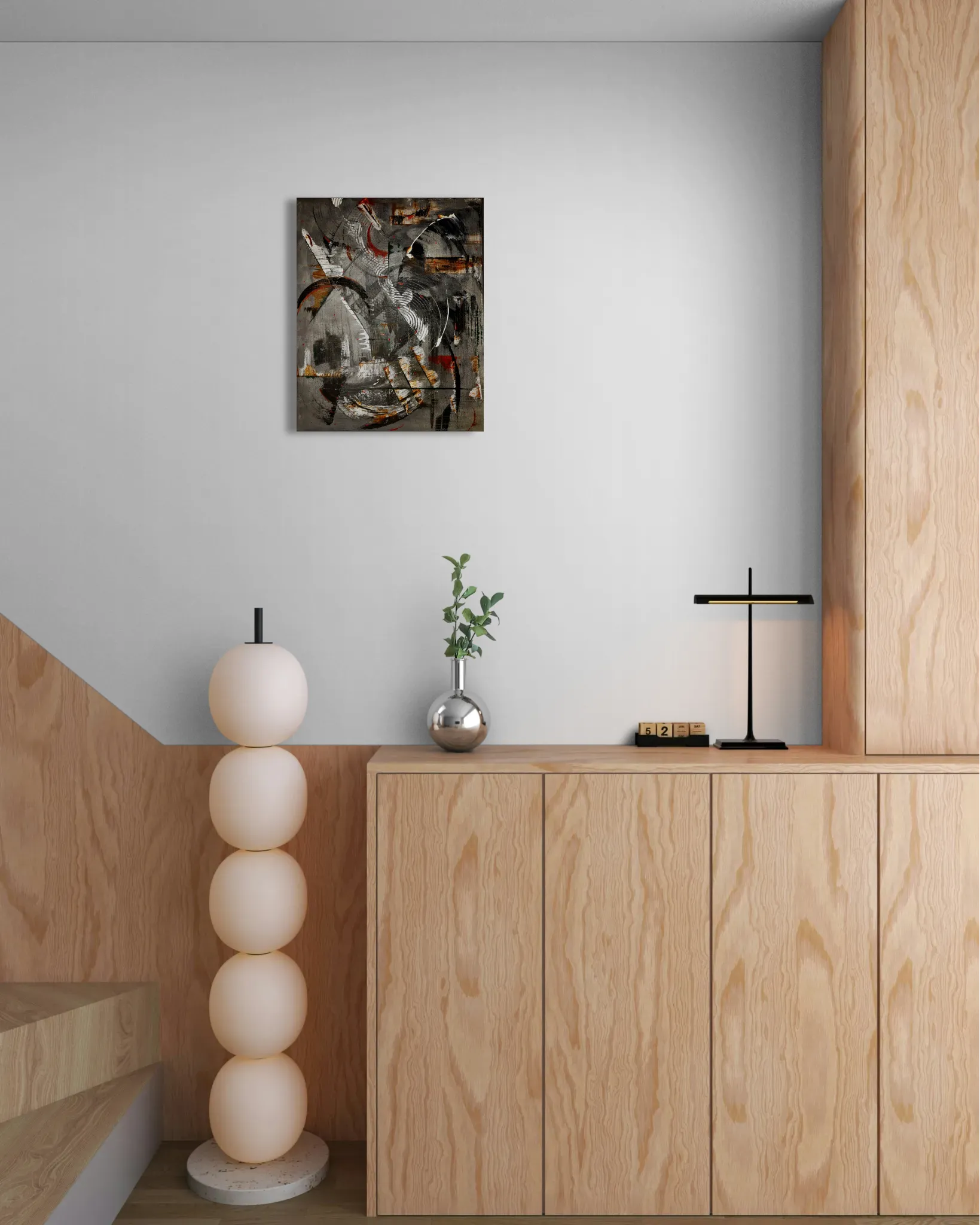 Geometrical, bold and dark abstract portrait in black, grey, white, brown, redoriginal format displayed in a wooden cabinet next to staircase