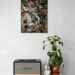 Geometrical, bold and dark abstract portrait in black, grey, white, brown, redoriginal format displayed in a console table with speaker and potted plant