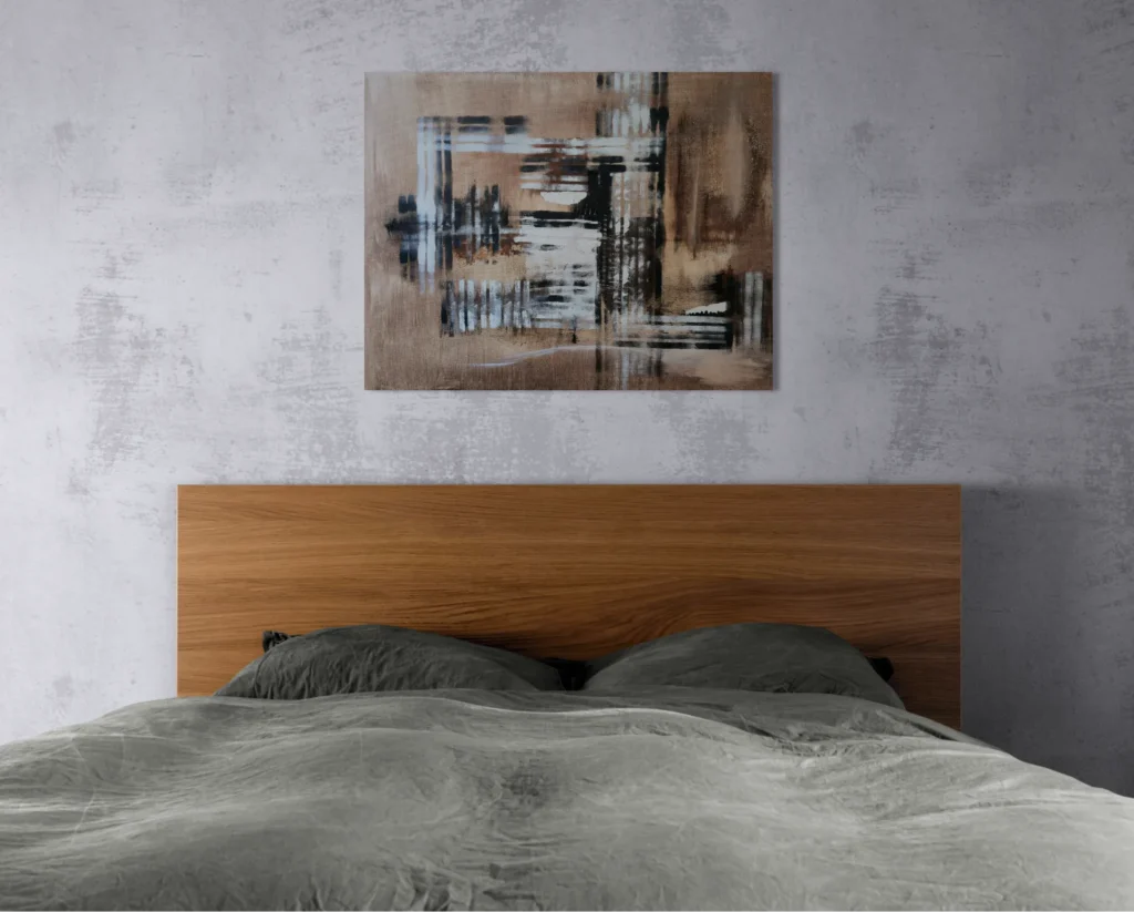Warm and minimalistic abstract landscape in brown, white and blackoriginal format displayed in a bedroom, grey wall