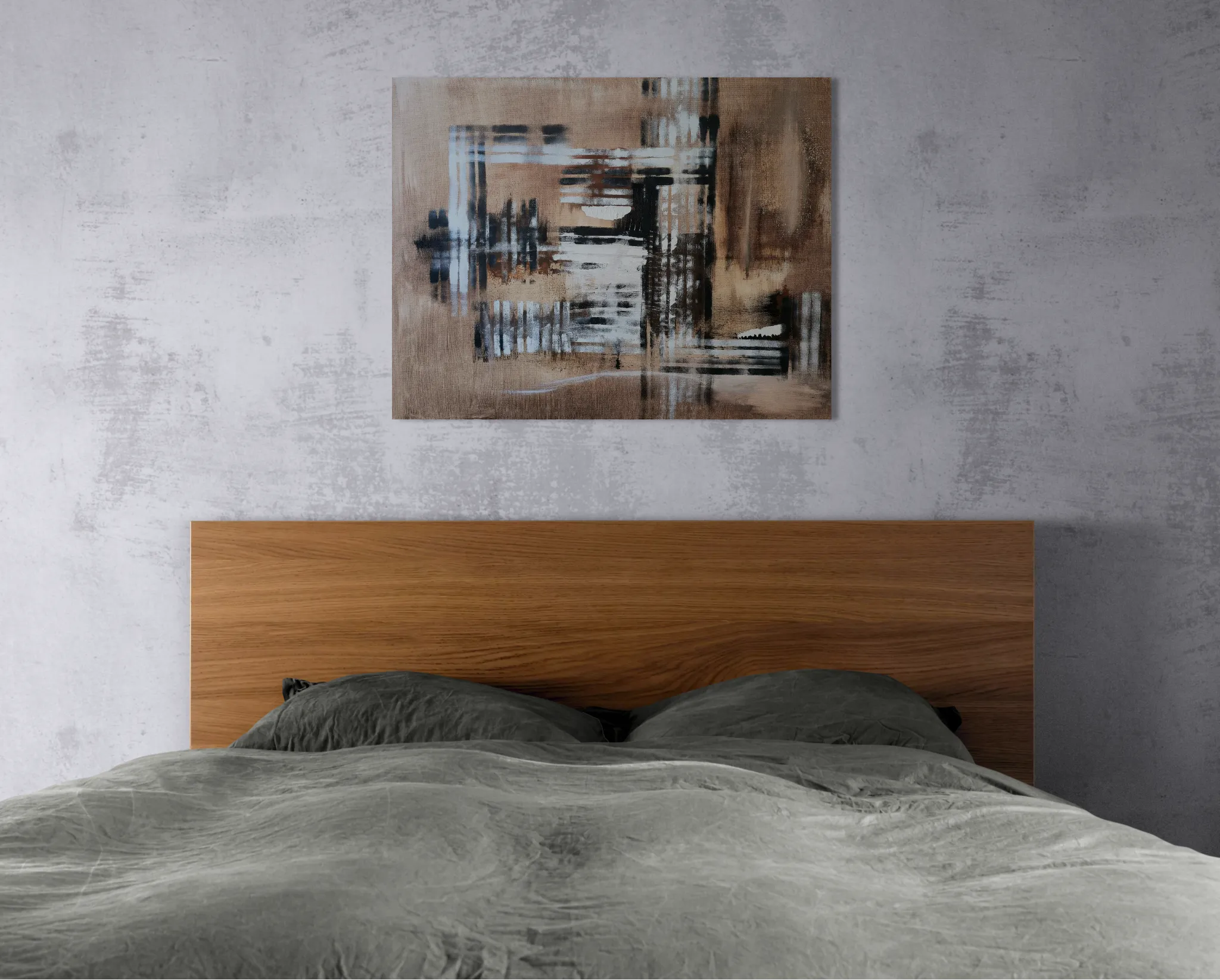 Warm and minimalistic abstract landscape in brown, white and blackoriginal format displayed in a bedroom, grey wall