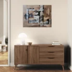 Warm and minimalistic abstract landscape in brown, white and blackoriginal format displayed in a living room entrance with wooden cabinets