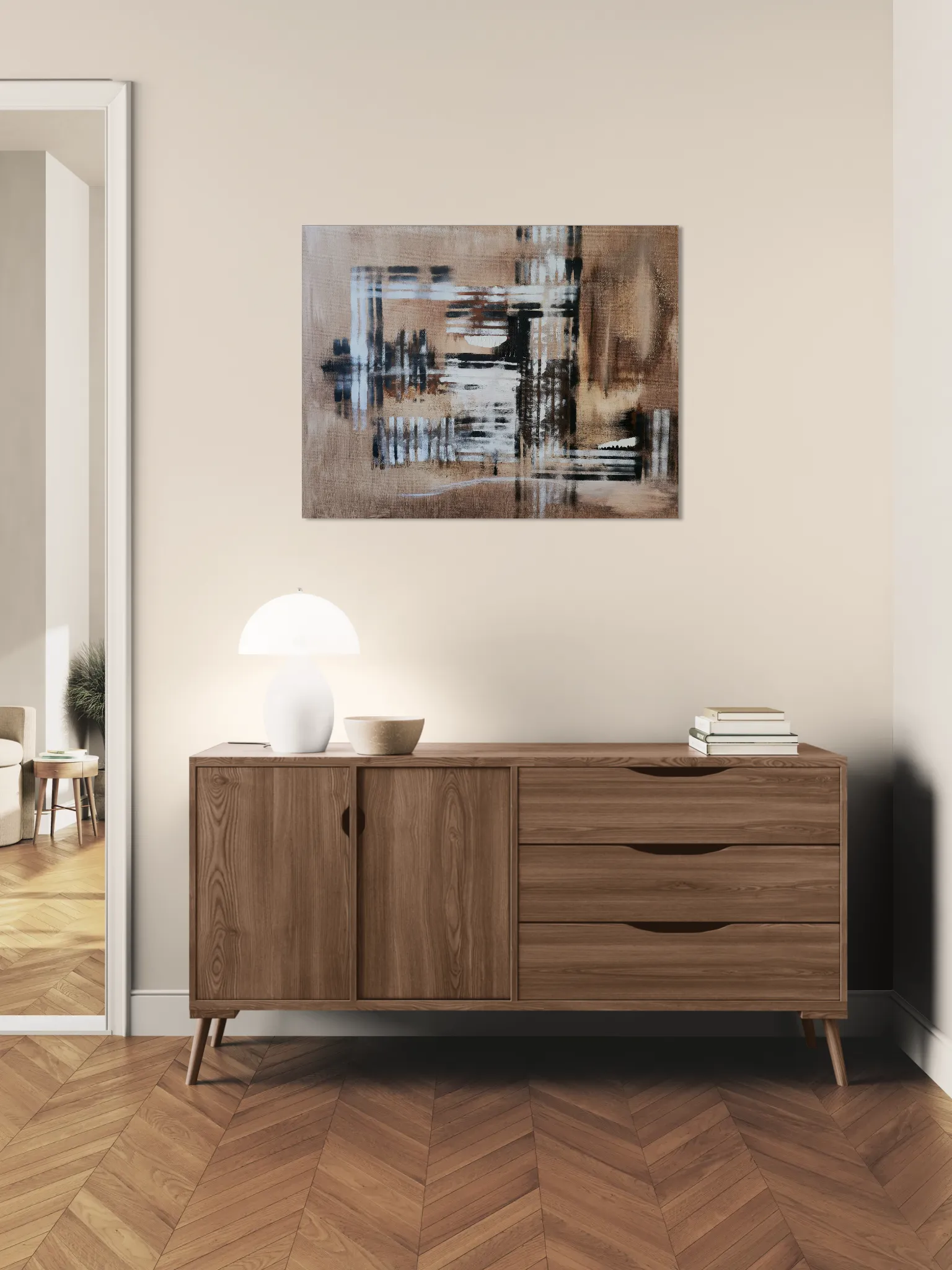 Warm and minimalistic abstract landscape in brown, white and blackoriginal format displayed in a living room entrance with wooden cabinets