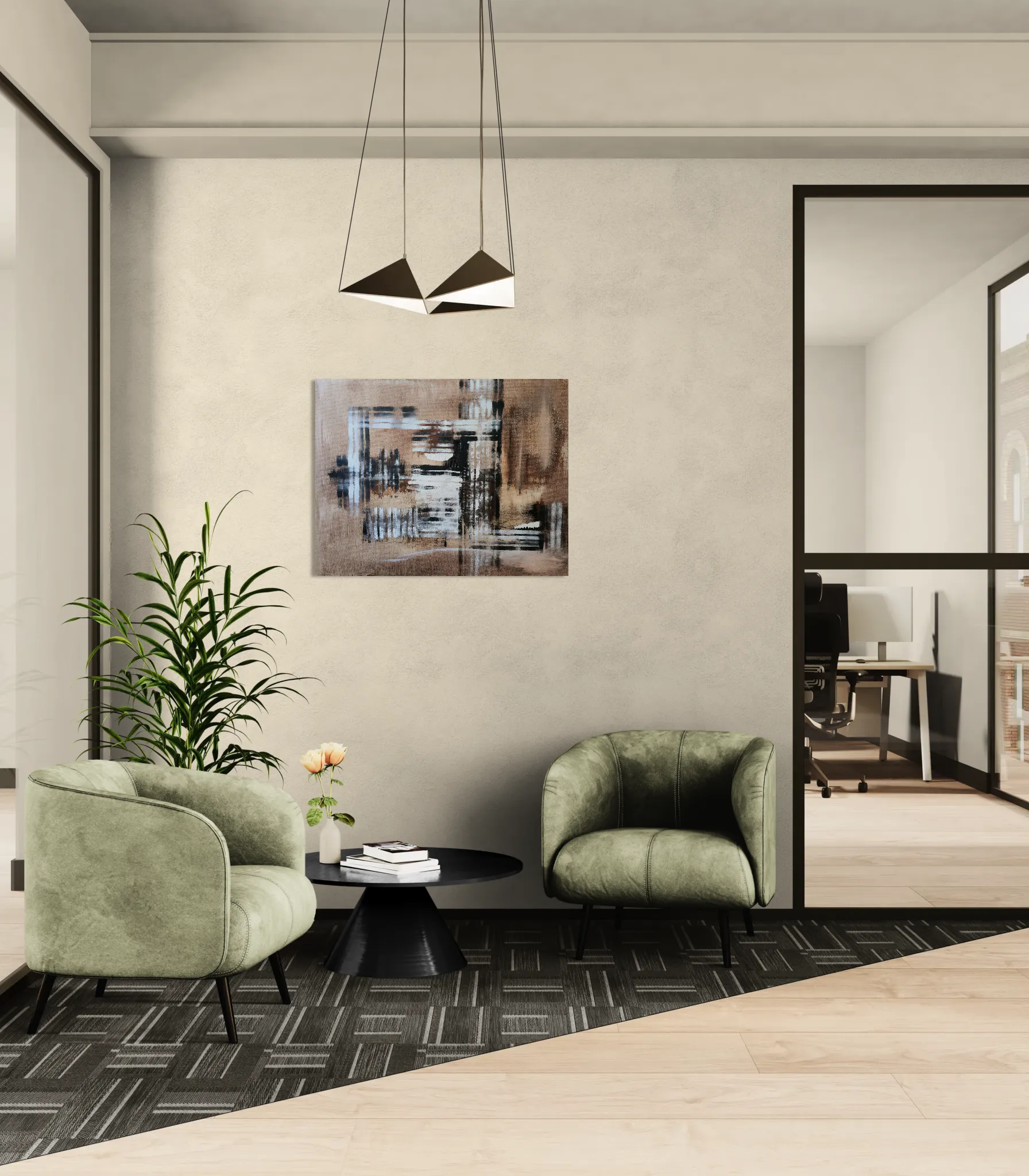 Warm and minimalistic abstract landscape in brown, white and blackoriginal format displayed in a modern living corner with green lounge chairs and window
