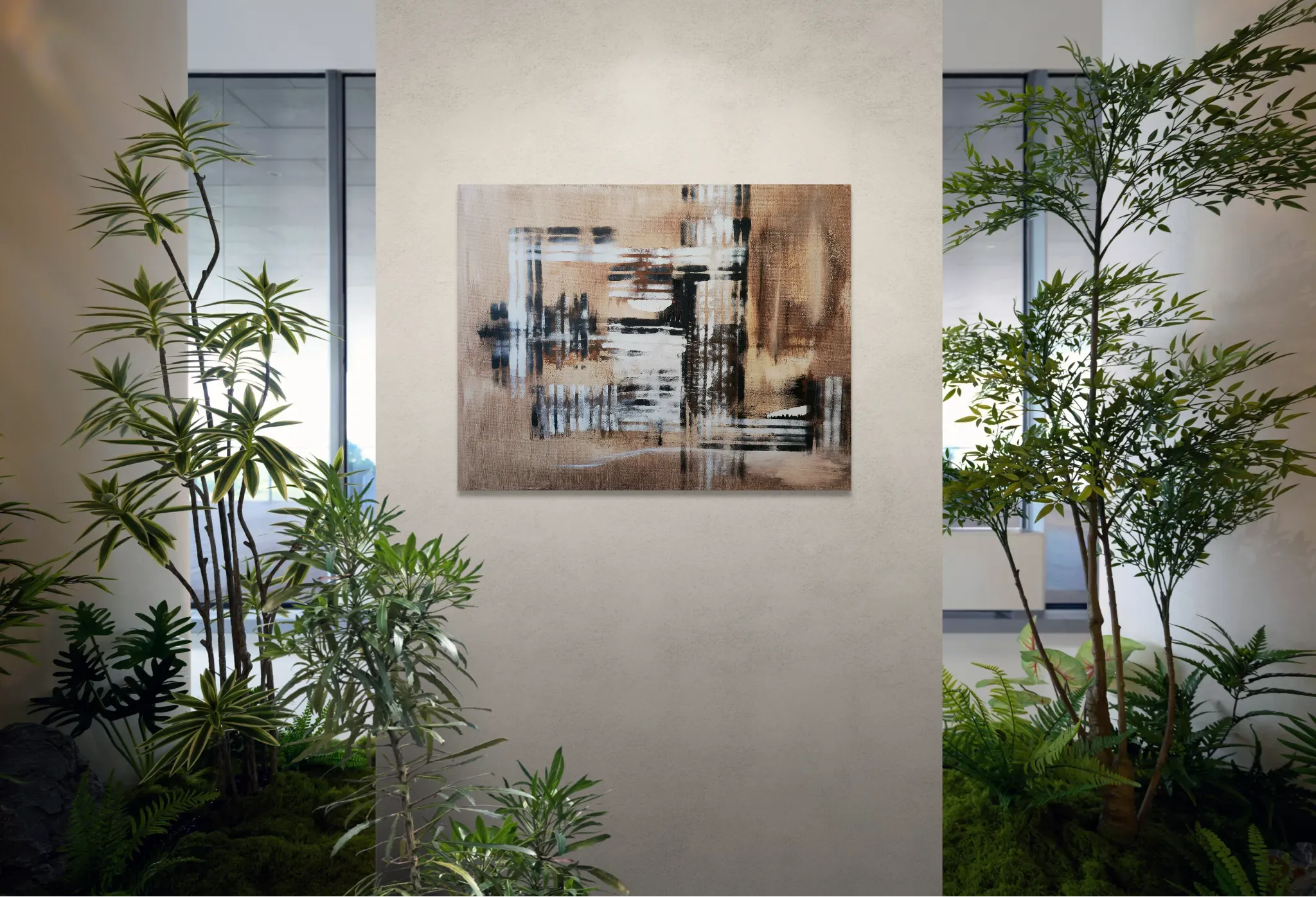 Warm and minimalistic abstract landscape in brown, white and blackoriginal format displayed in a open garden in an office lobby