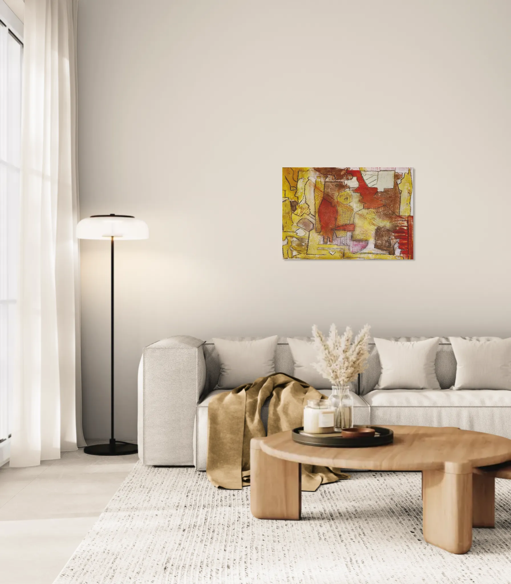 Warm conceptual abstract landscape with mustard yellow, red and brownoriginal format displayed in a comfortable living room with long sofa
